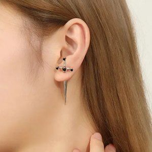 Unisex Ancient Silver & Black Rhinestone Gothic Sword Dagger Punk Earrings NEW